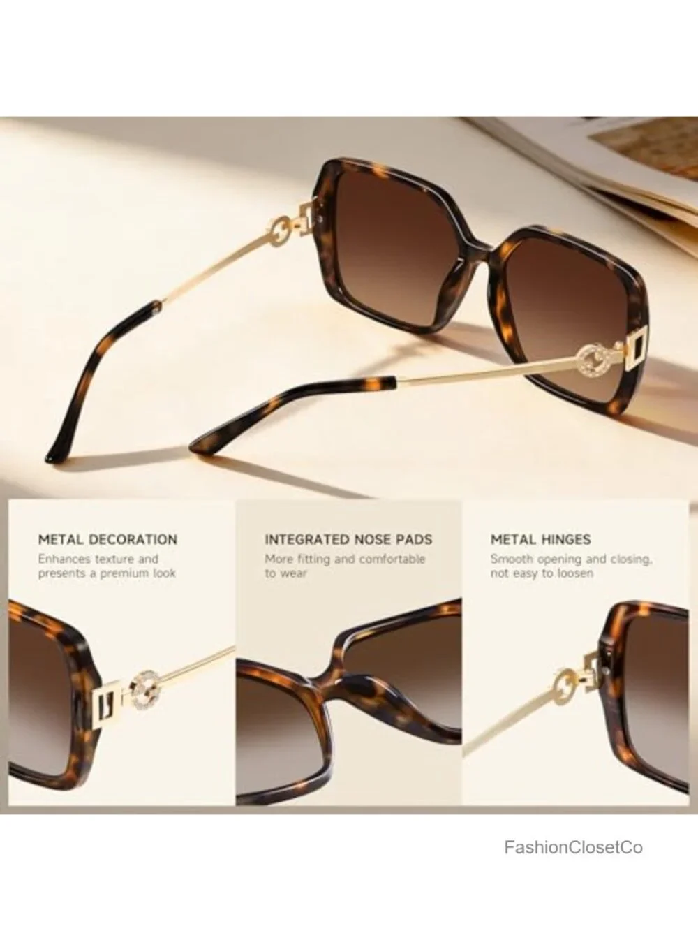 Oversized Retro Square Sunglasses for Women with Metal Temples Polarized UV